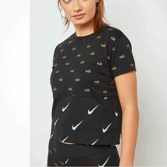 Nike metallic crop tee. Black w gold & white logo swoosh print. - Picture 2 of 7